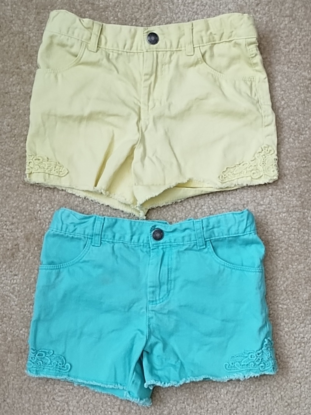 Carter's Girls Shorts Size 7 Set 2 Pair Yellow Turquoise Lace Frayed Trim Cotton